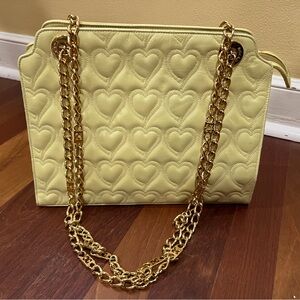 Escada Yellow Leather Heart Print Handbag with gold chain straps. Vintage.